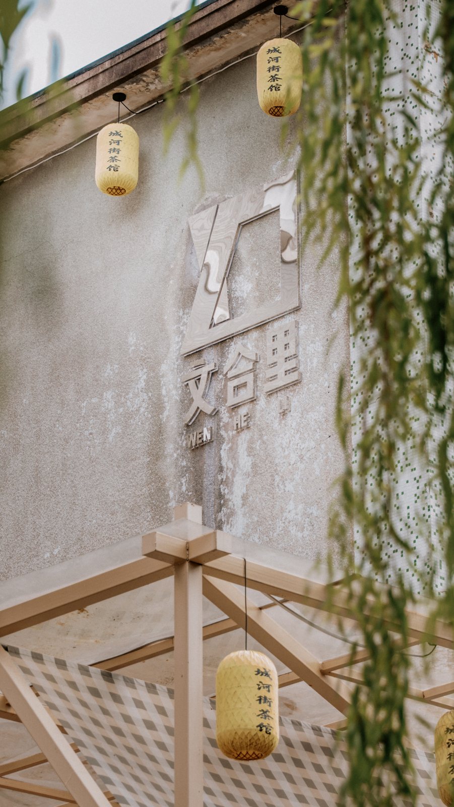 垂柳掩映的巷口与木门